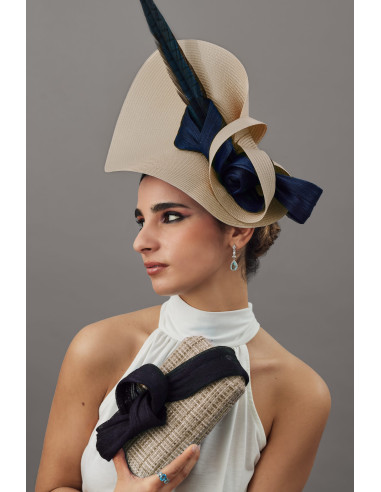 Tocado beige y azul para madrina de boda - Pamelas y Tocados para madrinas - 4