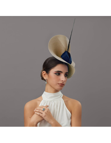 Tocado beige y azul para madrina de boda - Pamelas y Tocados para madrinas - 6