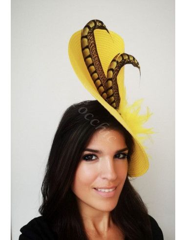 Yellow feathers fascinator hat mother of groom - Wedding hats for women - 3