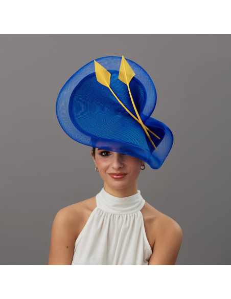 Sombrero para invitada de boda azul con plumas amarillas - Pamelas y Tocados para madrinas - 2 Sombrero para invitada de boda azul con plumas amarillas - Pamelas y Tocados para madrinas - 2
