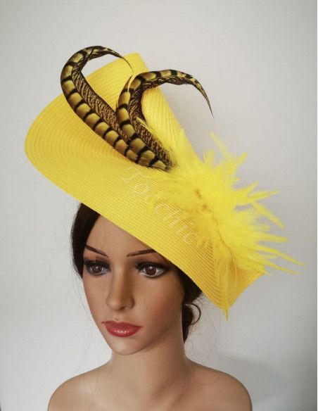Yellow feathers fascinator hat mother of groom - Wedding hats for women - 4