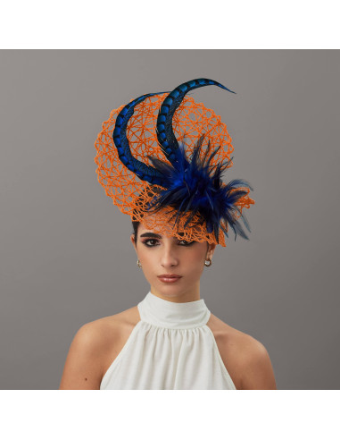 Original orange Kentucky derby hat with blue feathers - Wedding hats for women - 2
