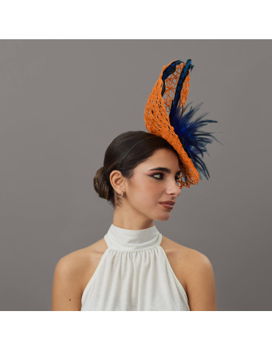 Original orange Kentucky derby hat with blue feathers - Wedding hats for women - 3
