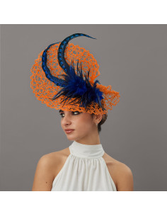 Original orange Kentucky derby hat with blue feathers - Wedding hats for women - 1