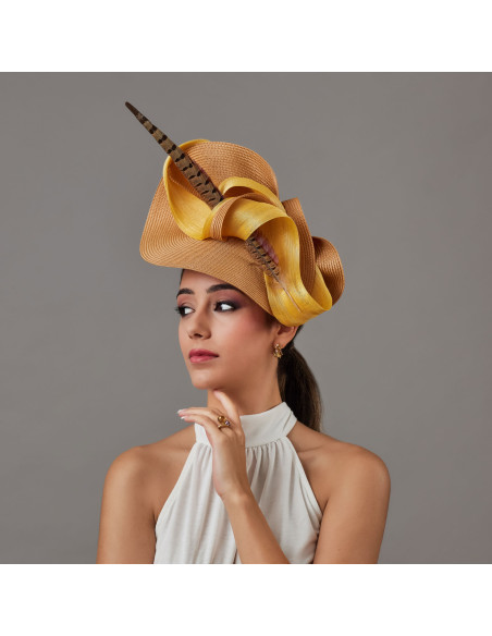 Caramel and gold large fascinator hat for woman - Wedding hats for women - 3 Caramel and gold large fascinator hat for woman - Wedding hats for women - 3
