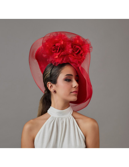 Women Red Kentucky derby hat with flowers - Wedding hats for women - 1