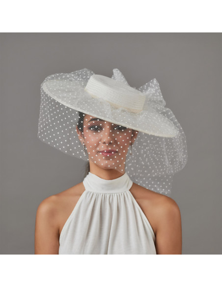 Sombrero de novia blanco en velo plumeti y lazo - Tienda - 1