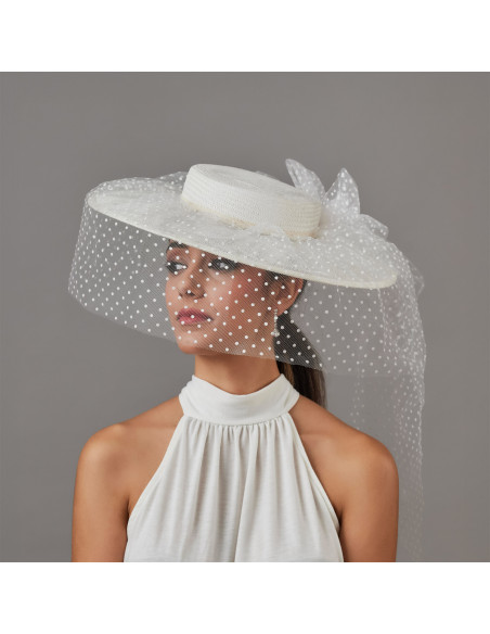 Sombrero de novia blanco en velo plumeti y lazo - Tienda - 2