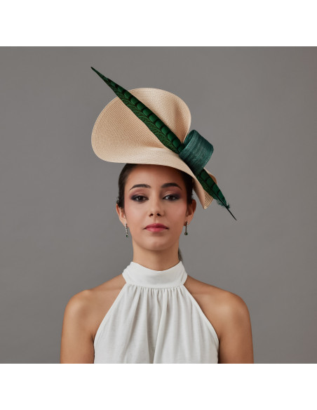 Tocado beige y verde para madrina de boda - Pamelas y Tocados para madrinas - 2 Tocado beige y verde para madrina de boda - Pamelas y Tocados para madrinas - 2