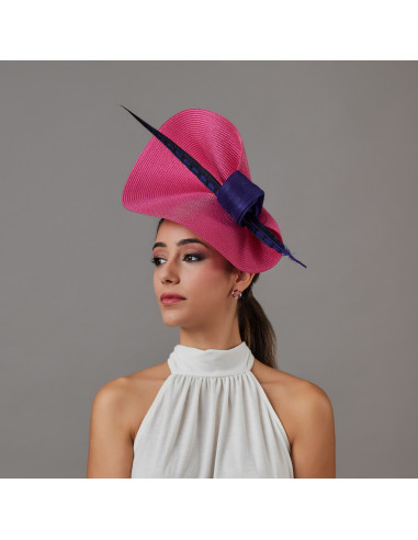Fuchsia pink wedding hat with royal blue feather - Wedding hats for women - 1