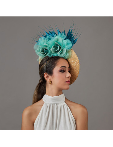 Beige and teal flower wedding hat with feathers - Wedding hats for women - 1