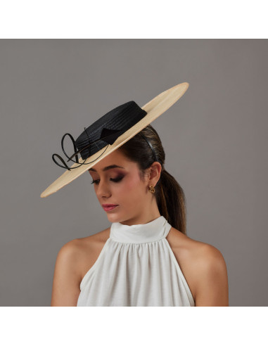 Elegante pamela madrina de boda beige y negra - Pamelas y Tocados para madrinas - 4