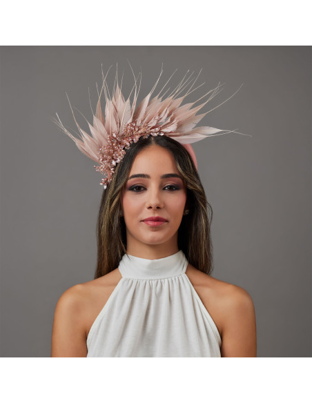 Crystal beads wedding headband with feathers for women pink - Wedding hats for women - 2