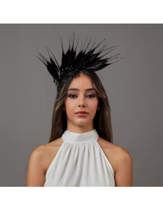 Elegante Tocado diadema de boda negra invitada boda de noche - Pamelas y Tocados para madrinas - 1