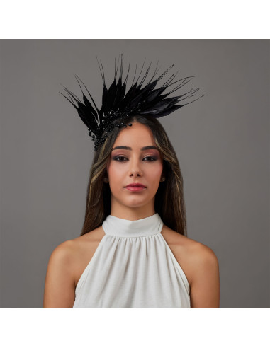 Black crystal beads wedding headband feather women - Wedding hats for women - 1