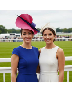 Fuchsia pink wedding hat with royal blue feather - Wedding hats for women - 1 2