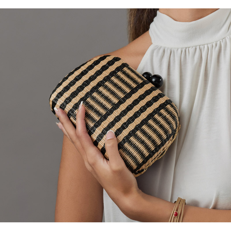 Bolso clutch con rayas negro y beige - Tienda - 7