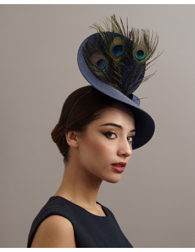 Elegante tocado para madrina de boda azul marino con plumas de pavo real - Tienda - 3