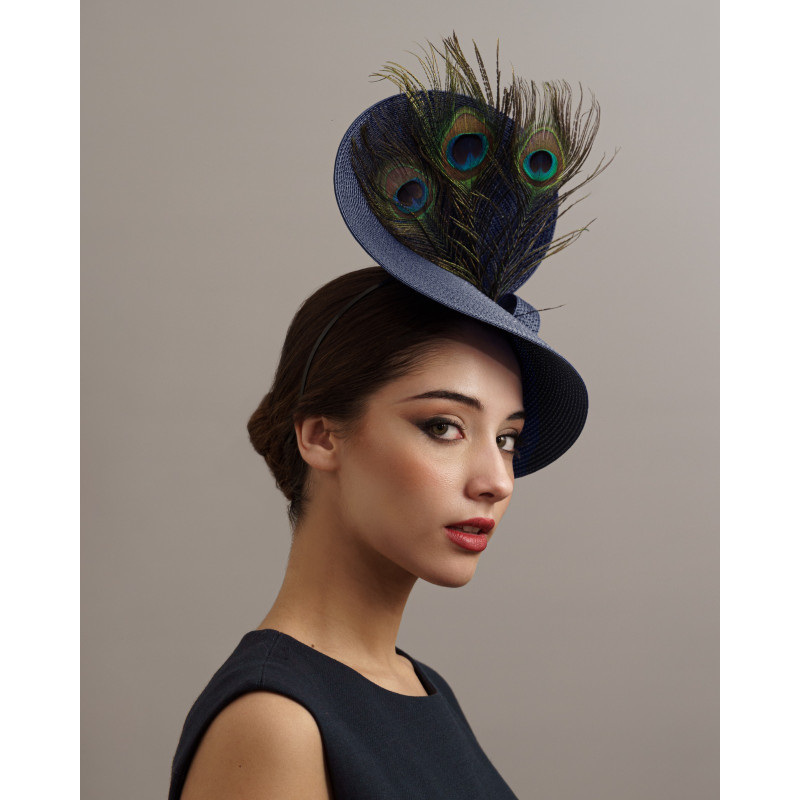 Elegante tocado para madrina de boda azul marino con plumas de pavo real - Tienda - 3 Elegante tocado para madrina de boda azul marino con plumas de pavo real - Tienda - 3