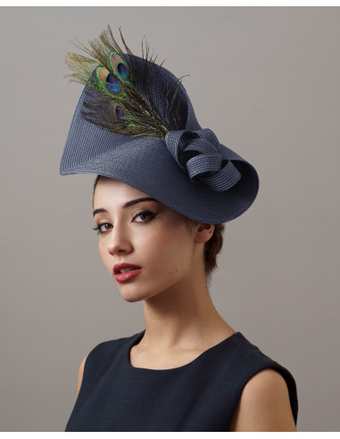 Elegante tocado para madrina de boda azul marino con plumas de pavo real - Tienda - 4