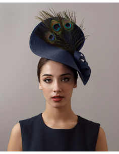 Elegante tocado para madrina de boda azul marino con plumas de pavo real - Tienda - 1