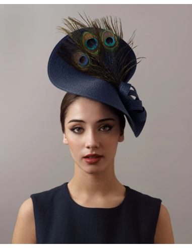 Elegante tocado para madrina de boda azul marino con plumas de pavo real - Tienda - 1
