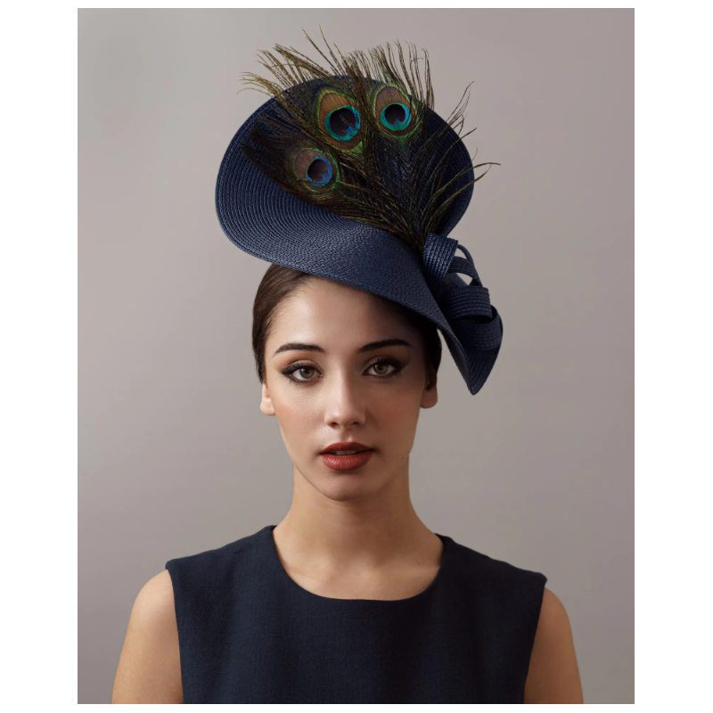 Elegante tocado para madrina de boda azul marino con plumas de pavo real - Tienda - 1