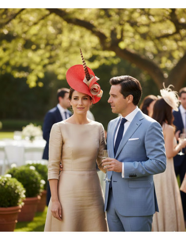 Woman Kentucky derby hat Red and Beige with feathers - Wedding hats for women - 2
