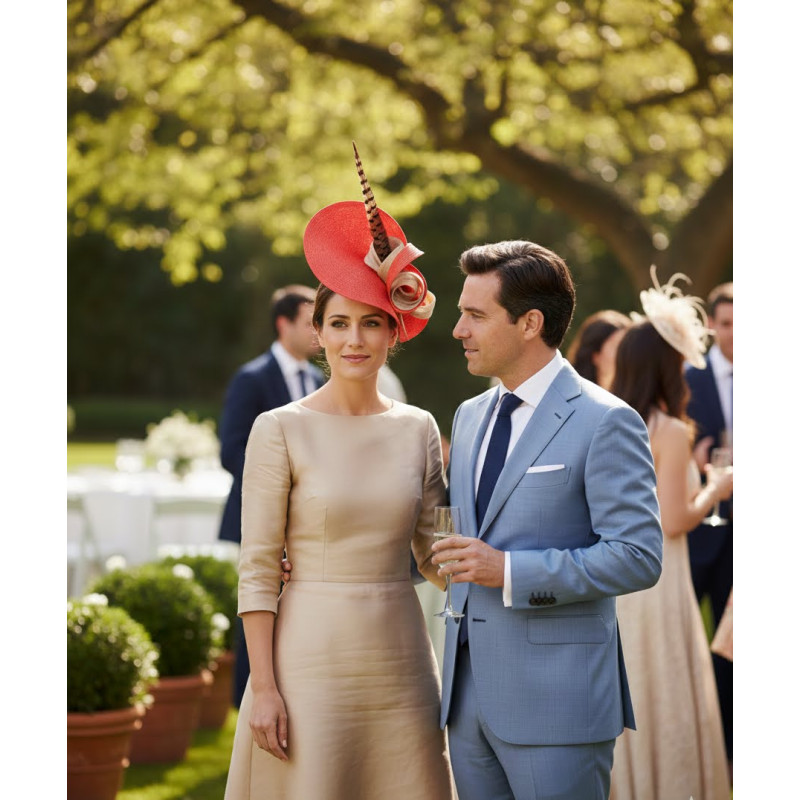 Original Tocado de boda rojo y beige con plumas - Pamelas y Tocados para madrinas - 2