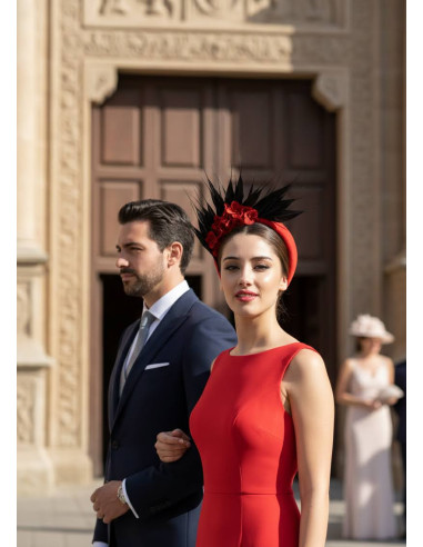 Tocado diadema de boda invitada perfecta roja y negra con plumas - Tocados para bodas de noche - 2