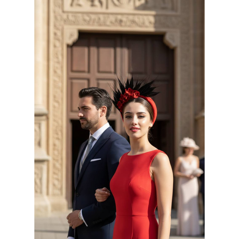 Tocado diadema de boda invitada perfecta roja y negra con plumas - Tocados para bodas de noche - 2