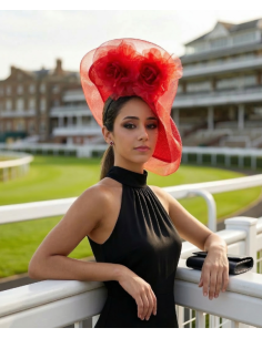 Women Red Kentucky derby hat with flowers - Wedding hats for women - 1 2