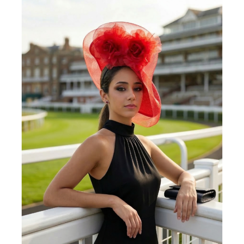 Women Red Kentucky derby hat with flowers - Wedding hats for women - 2