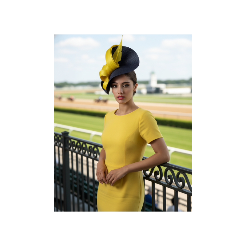 Elegante Tocado invitada de boda amarillo y azul con plumas - Pamelas y Tocados para madrinas - 1