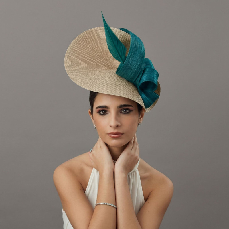 Woman wedding fascinator hat teal and beige - Wedding hats for women - 1