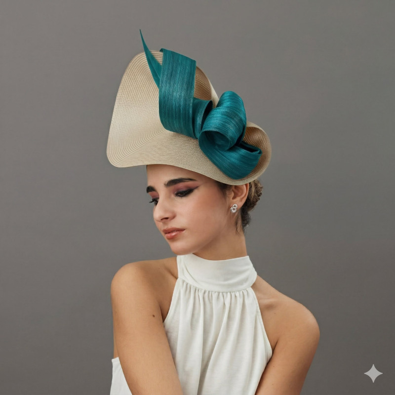 Woman wedding fascinator hat teal and beige - Wedding hats for women - 4 Woman wedding fascinator hat teal and beige - Wedding hats for women - 4