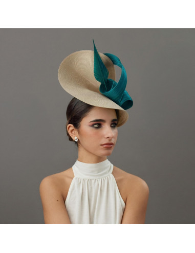Woman wedding fascinator hat teal and beige - Wedding hats for women - 3