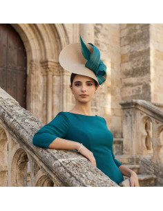 Woman wedding fascinator hat teal and beige - Wedding hats for women - 1 2