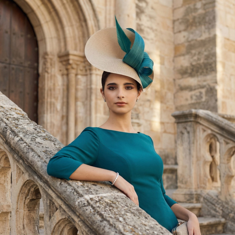 Woman wedding fascinator hat teal and beige - Wedding hats for women - 2 Woman wedding fascinator hat teal and beige - Wedding hats for women - 2