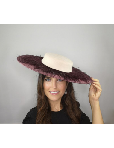 Elegante Pamela de boda granate y beige con plumas - Pamelas y Tocados para madrinas - 6