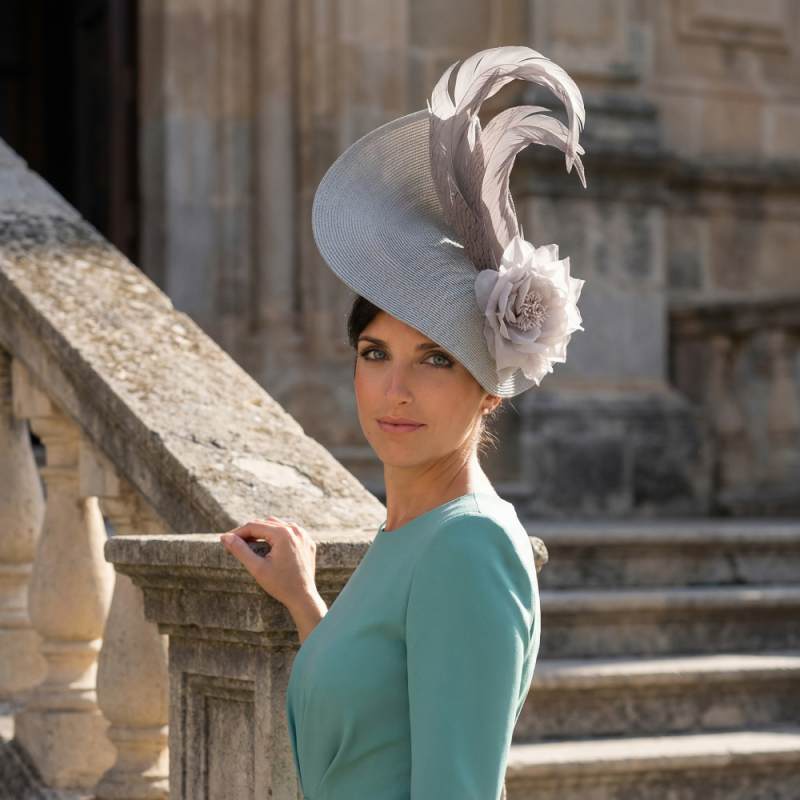Sombrero de boda gris para mujer - Pamelas y Tocados para madrinas - 1 Sombrero de boda gris para mujer - Pamelas y Tocados para madrinas - 1