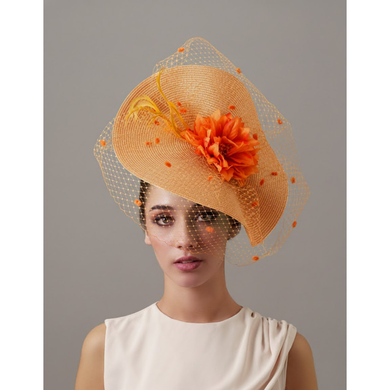 Kentucky Derby woman fascinator orange and beige - Wedding hats for women - 1