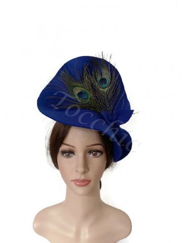 Tocado azul añil de fieltro con plumas de pavo real - Pamelas y Tocados para madrinas - 4