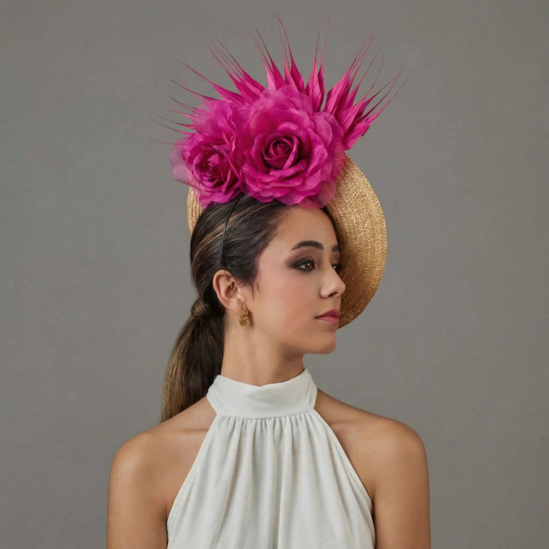 Sombrero para invitada de boda beige y rosa fucsia - Pamelas y Tocados para madrinas - 3 Sombrero para invitada de boda beige y rosa fucsia - Pamelas y Tocados para madrinas - 3