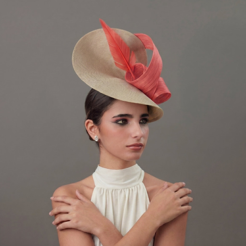 Elegant beige and coral woman derby hat - Woman hats for the Horse races - 3