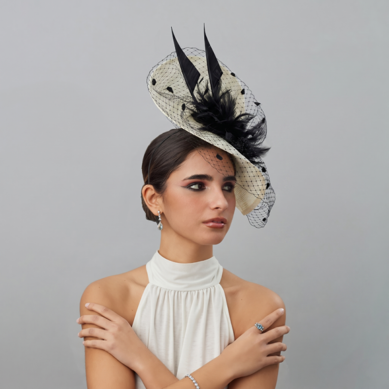 Black and ivory veil races fascinator hat for woman - Wedding hats for women - 2