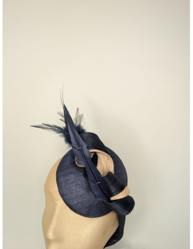 Customized Woman feathers derby fascinator hat blue and beige - Wedding hats for women - 1