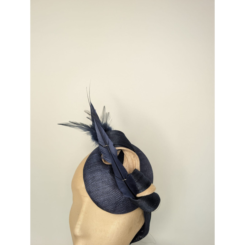 Customized Woman feathers derby fascinator hat blue and beige - Wedding hats for women - 1 Customized Woman feathers derby fascinator hat blue and beige - Wedding hats for women - 1
