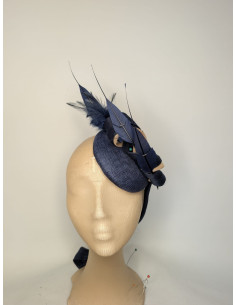 Customized Woman feathers derby fascinator hat blue and beige - Wedding hats for women - 2