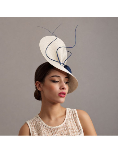Dark blue and Ivory Royal Ascot hat with feathers - Wedding hats for women - 3